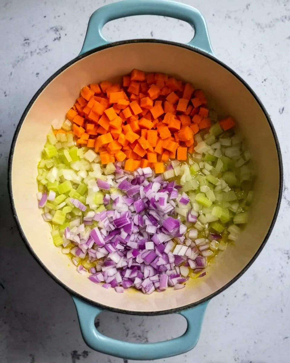 A white pot with light blue handles sits on a white marbled surface, filled with three separate piles of chopped vegetables arranged side by side. The top pile shows small orange carrot cubes, the left pile contains chopped purple onions with white and purple layers, and the right pile has pale green celery pieces. A bit of yellow oil or melted butter can be seen around the celery, covering part of the pot's light beige inside. The clean colors and clear division of the vegetables give a fresh and organized look, photo taken with an iphone --ar 4:5 --v 7
