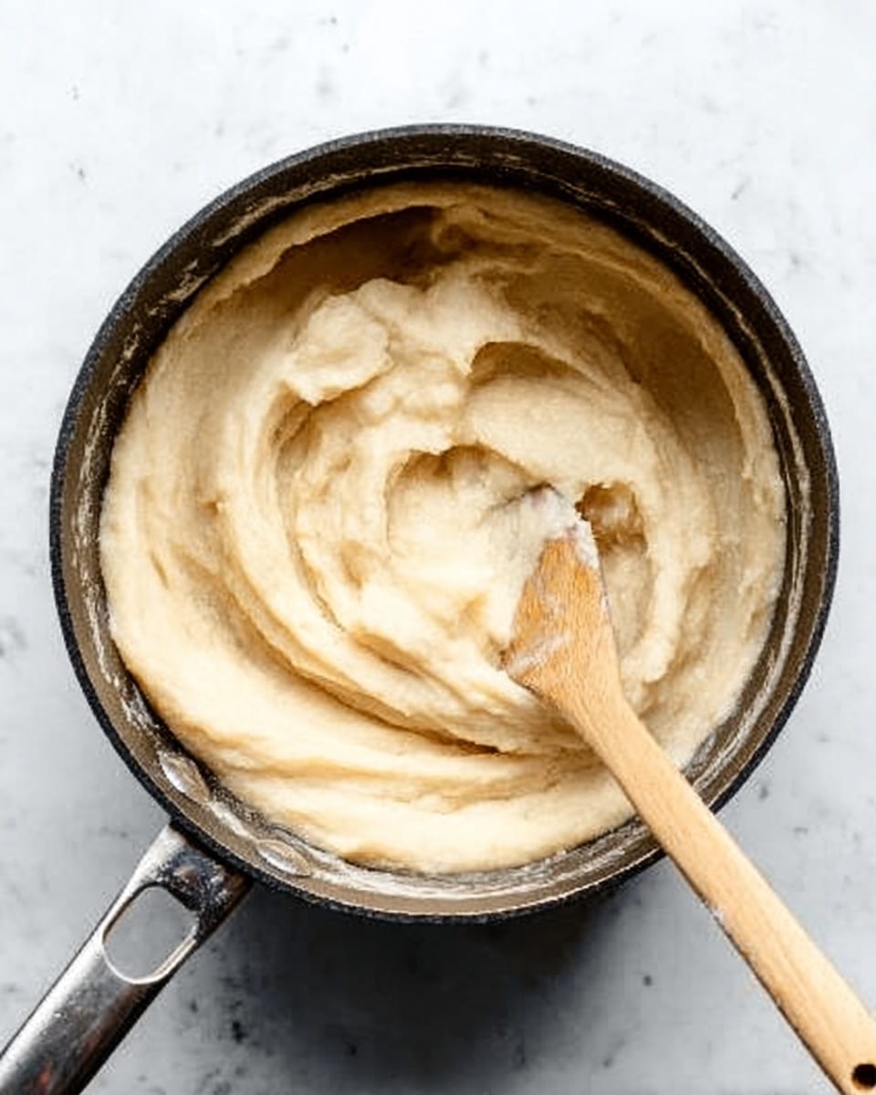 A black pot filled with creamy mashed potatoes that are light beige in color and smooth in texture, with slight swirls showing softness; a wooden spoon with a light handle is partially dipped into the mashed potatoes, stirring gently. The pot rests on a white marbled surface, creating a clean and bright background. photo taken with an iphone --ar 4:5 --v 7