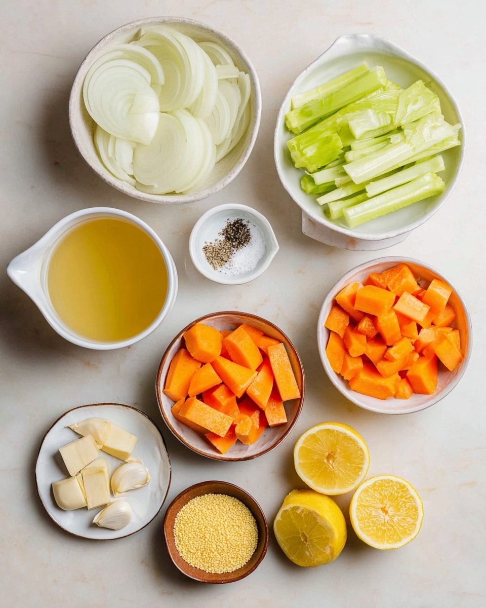 The image shows a top-down view of nine bowls and plates arranged on a white marbled surface. In the top left corner, there is a bowl with white sliced onion layers. To its right, a white bowl holds green celery sticks. Below the onions, a white cup contains clear light yellow broth. Next to the broth, a small white bowl has salt and black pepper on one side. In the center right, a white bowl is filled with bright orange carrot chunks. Below the broth, a small amber bowl has several white garlic cloves. At the bottom left, a small white plate holds two pieces of light beige cheese. Near the cheese, a tiny white pitcher contains yellow olive oil. In the bottom center, a brown bowl holds tiny yellow grains. To the right of the grains, two lemon halves with bright yellow color sit side by side. The arrangement is neat and the colors stand out clearly. photo taken with an iphone --ar 4:5 --v 7