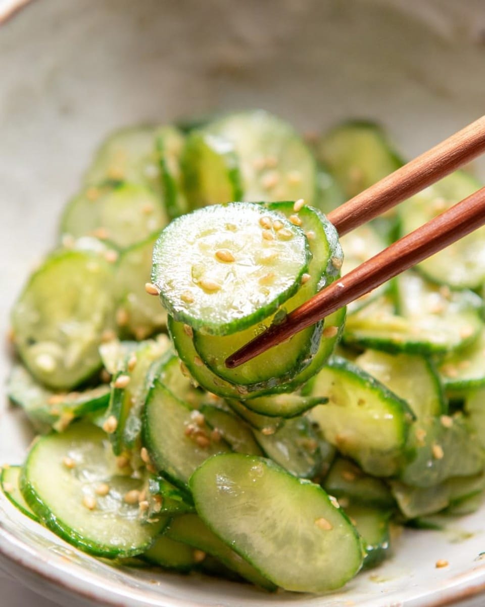 Thin green cucumber slices with light green skin and pale centers are shown in a white bowl with a white marbled background. The cucumber slices are layered loosely and mixed with small light brown sesame seeds scattered on top. A pair of wooden chopsticks is holding a small stack of the cucumber slices in the center of the image, with the light reflecting on their smooth, moist surface. The overall texture looks fresh and slightly shiny with a hint of light dressing. photo taken with an iphone --ar 4:5 --v 7
