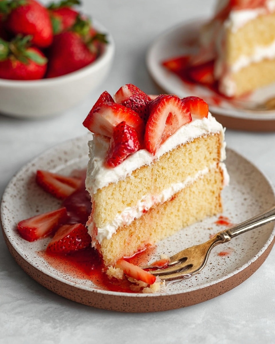 A slice of yellow cake with two visible layers sits on a white speckled plate, each layer separated and topped with creamy white frosting. Bright red, sliced strawberries with a slight shine are scattered on top and around the cake, along with a red strawberry sauce that pools on the plate. A silver fork rests on the slice, with its prongs touching the frosting and strawberries. The background features a white marbled texture with another plate and a white bowl filled with more strawberries softly blurred in the distance. Photo taken with an iphone --ar 4:5 --v 7