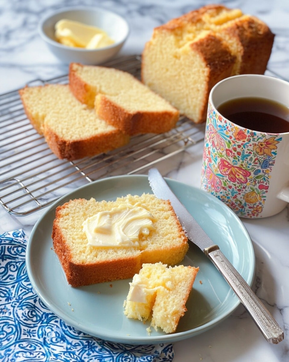 Two thick slices of light golden cake with a soft crumb texture sit on a pale blue plate, one slice spread with a creamy layer of butter with a knife resting on it; a smaller piece is broken off and placed in front. Behind the plate, three more slices of the same cake rest on a metal cooling rack. To the left of the plate, a small white bowl holds a dollop of butter, and to the right, there is a white mug decorated with colorful floral patterns filled with coffee or tea. The whole setup is on a white marbled surface with a blue and white patterned cloth partially visible at the bottom left corner. photo taken with an iphone --ar 4:5 --v 7