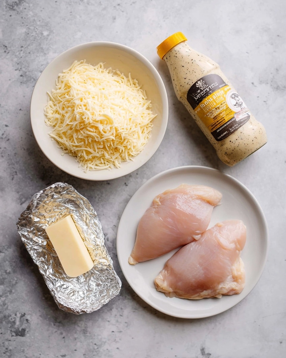 The image shows a white round plate at the bottom right with two raw, light pink chicken pieces placed side by side. Above the plate, there is a white bowl filled with finely shredded pale yellow cheese. Next to the bowl, on the right, lies a bottle of creamy, pale beige dressing with specks of herbs and a yellow label. At the bottom left, there is a silver foil-wrapped block of what appears to be butter. All items are on a white marbled surface. photo taken with an iphone --ar 4:5 --v 7