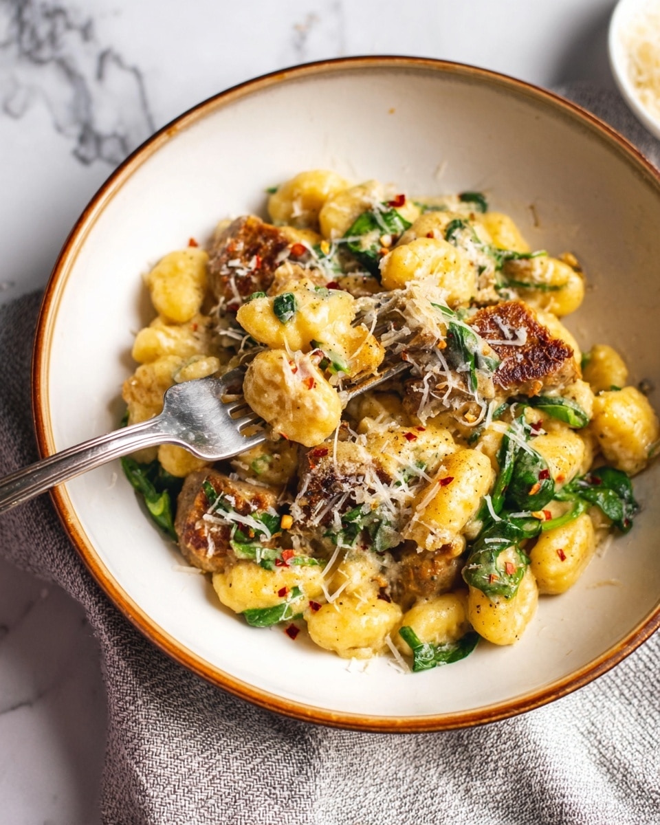 A white bowl with a brown rim contains a creamy pasta dish made of small gnocchi pieces mixed with golden brown seared pieces of meat on top, scattered with grated white cheese and red chili flakes. There are visible fresh green spinach leaves mixed throughout the sauce, adding a pop of color against the light yellow creamy sauce coating the pasta. A silver fork held by a woman's hand is lifting some gnocchi and meat from the dish. The bowl is placed on a light gray textured cloth over a white marbled surface. Photo taken with an iphone --ar 4:5 --v 7