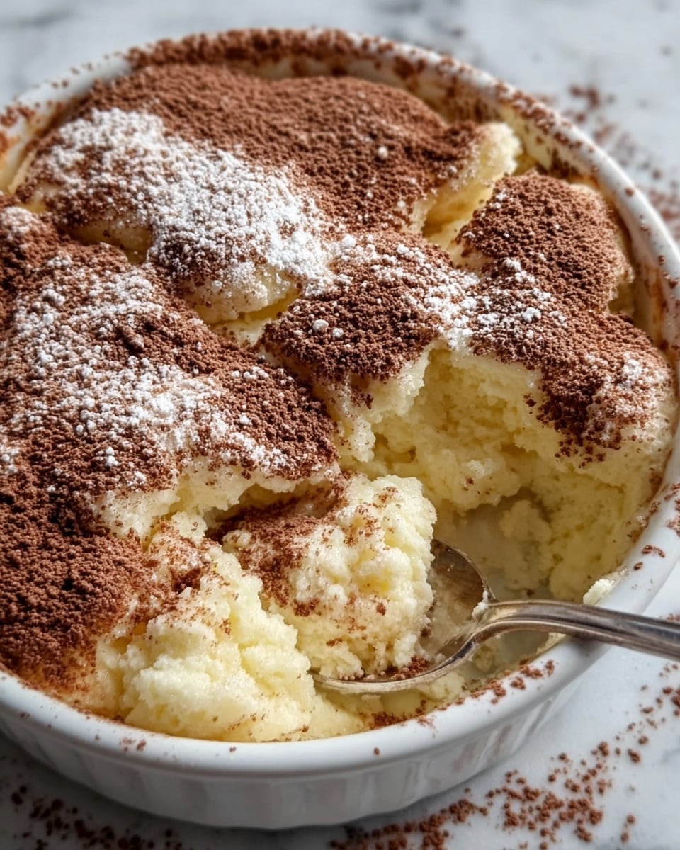 A close-up of a white round baking dish filled with a soft, fluffy cake with a light yellow color. The cake has an uneven surface with some pieces scooped out, showing a moist inside. The top is sprinkled with a thick layer of cocoa powder and powdered sugar, creating a mix of light brown and white dust across the surface. A silver spoon is partially inserted into the dessert on the right side. The dish sits on a white marbled surface. photo taken with an iphone --ar 4:5 --v 7