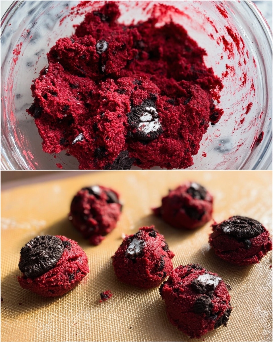 Two images show a red velvet cookie dough with dark chocolate cookie pieces mixed inside. The first image shows one clear glass mixing bowl filled with the thick, red dough, scattered with chunks of black and white cookie bits. The second image has several scoops of the red dough placed on a baking mat, each scoop topped with more cookie pieces. The colors are mainly deep red with black and white cookie bits on a light baking mat and wood surface, all set on a white marbled texture. photo taken with an iphone --ar 4:5 --v 7