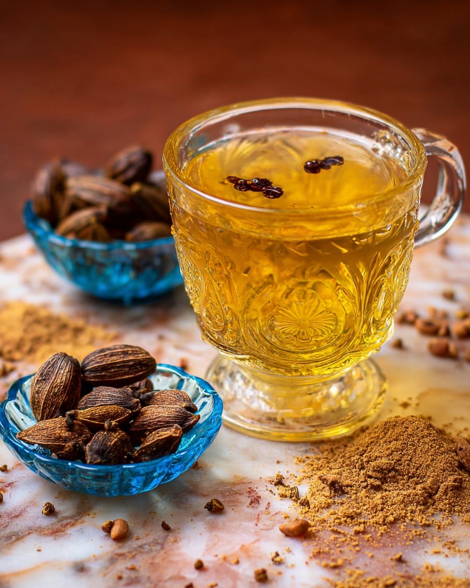 A clear, ornate glass cup filled with warm golden yellow liquid tea, with a few dark brown spices floating on the surface. The cup is positioned on a white marbled surface scattered with more brown dried spices and light tan powder. To the left of the cup, there is a small, clear blue glass bowl holding several dried brown pods. The background is a rich warm brown color, giving a cozy feeling. Photo taken with an iphone --ar 4:5 --v 7