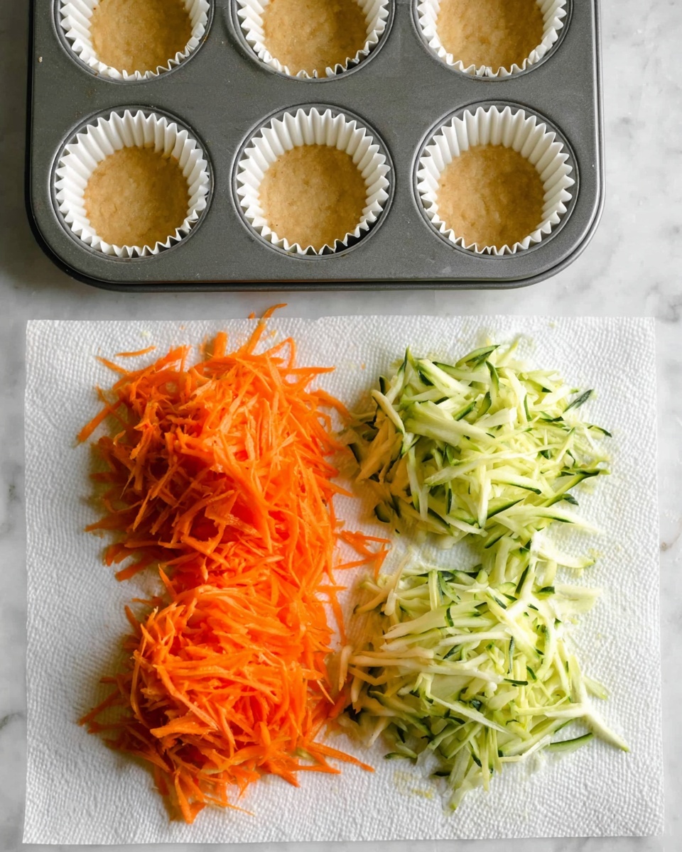 The image shows a metal muffin tray with six white paper liners, each liner fluted and empty. Below the tray, on a white marbled surface, there are two piles of shredded vegetables: bright orange shredded carrots and light green shredded zucchini, both resting on a white paper towel. The shredded veggies look fresh and moist with a fine texture. Near the top of the image, part of a woman's hand can be seen adjusting or about to touch the tray. photo taken with an iphone --ar 4:5 --v 7