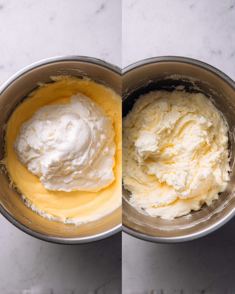 The image shows two metal bowls on a white marbled surface. The left bowl contains two layers: a smooth, thick, yellow layer sitting at the bottom and a fluffy white layer of whipped mixture partly covering the yellow layer on top, with some peaks visible. The right bowl shows a single mixed layer of pale yellow and white, looking creamy and slightly airy, filling most of the bowl with some remnants clinging to the sides. Photo taken with an iphone --ar 4:5 --v 7