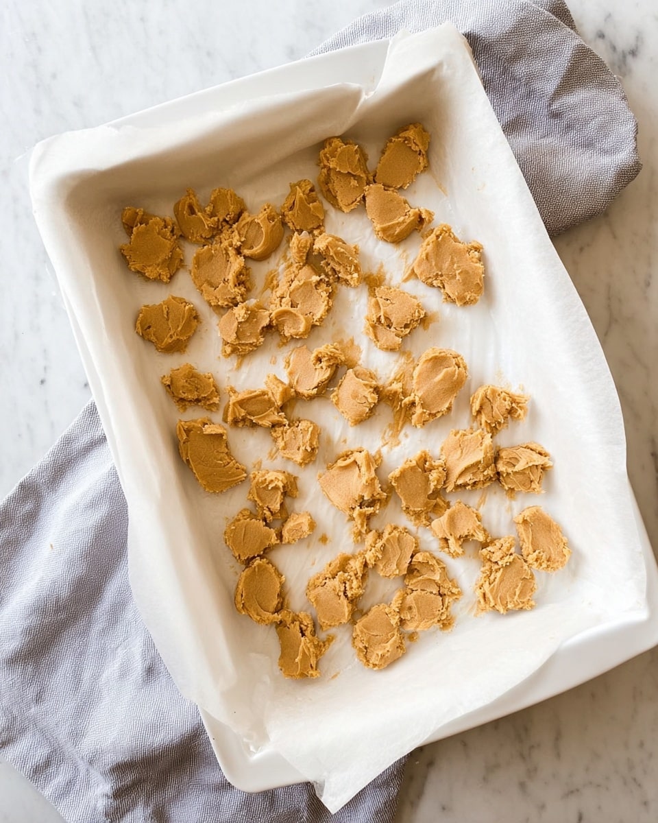 A white rectangular baking dish lined with white parchment paper holds scattered irregular small clumps of light brown dough spread unevenly over the bottom, showing the parchment in between. The dish is placed on a white marbled surface with a light gray cloth partially visible under its corner. The dough pieces have a rough texture with some cracks and soft edges. Photo taken with an iphone --ar 4:5 --v 7