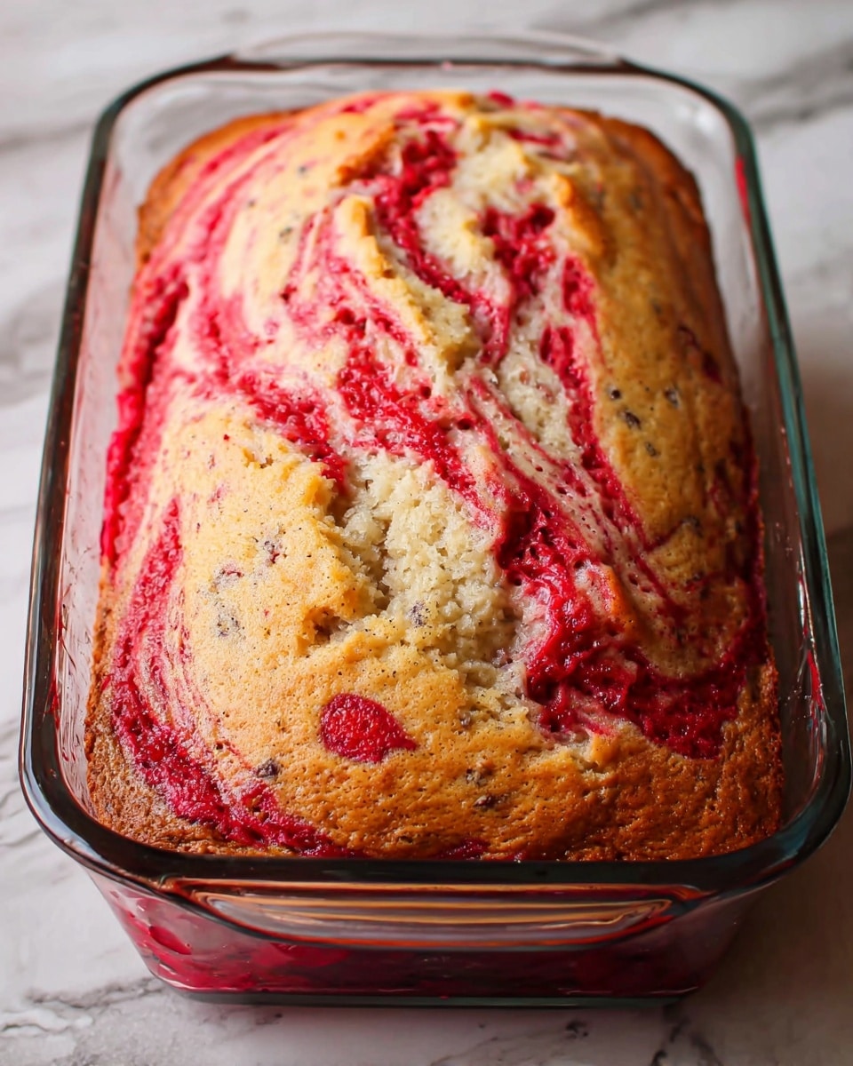 The image shows a close-up view of a freshly baked pie, with a thick crust that is golden brown around the edges. The pie filling is deep red with swirls of creamy white, creating a marbled effect on the top layer. The crust appears soft and slightly puffy, folding over the juicy fruit filling in places, which looks rich and slightly shiny. The pie is still in a black baking tray, contrasting with the bright colors of the fruit and crust. The background surface is a white marbled texture. photo taken with an iphone --ar 4:5 --v 7