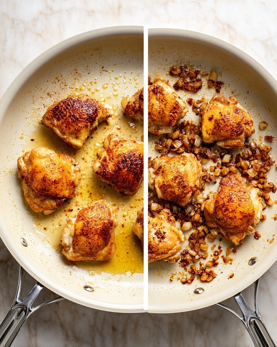 The image shows two white frying pans side by side on a white marbled surface. The left pan contains five pieces of golden brown cooked chicken thighs with crispy skin, resting in a thin layer of shimmering cooking oil, their browned texture clearly visible. The right pan has small sautéed pieces of onions and garlic browned in oil, spreading unevenly with some darker bits and a glossy look from the oil around them. Both pans have metal handles extending outwards, and the overall lighting highlights the warm colors and textures of the cooked food clearly. Photo taken with an iphone --ar 4:5 --v 7