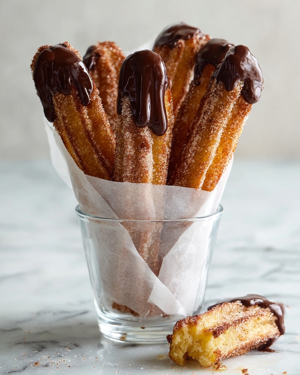 A clear glass cup lined with white parchment paper holds six churros standing upright. The churros have a light golden brown color and are coated with sugar and cinnamon, giving them a slightly grainy texture. Half of the churros are topped with rich, shiny dark chocolate sauce that drips slightly down the sides, while two churros have a smooth light brown caramel sauce drizzle. One churro is broken in half and placed on the white marbled surface beside the cup, revealing its soft, airy inside also touched by a small amount of chocolate sauce. Photo taken with an iphone --ar 4:5 --v 7