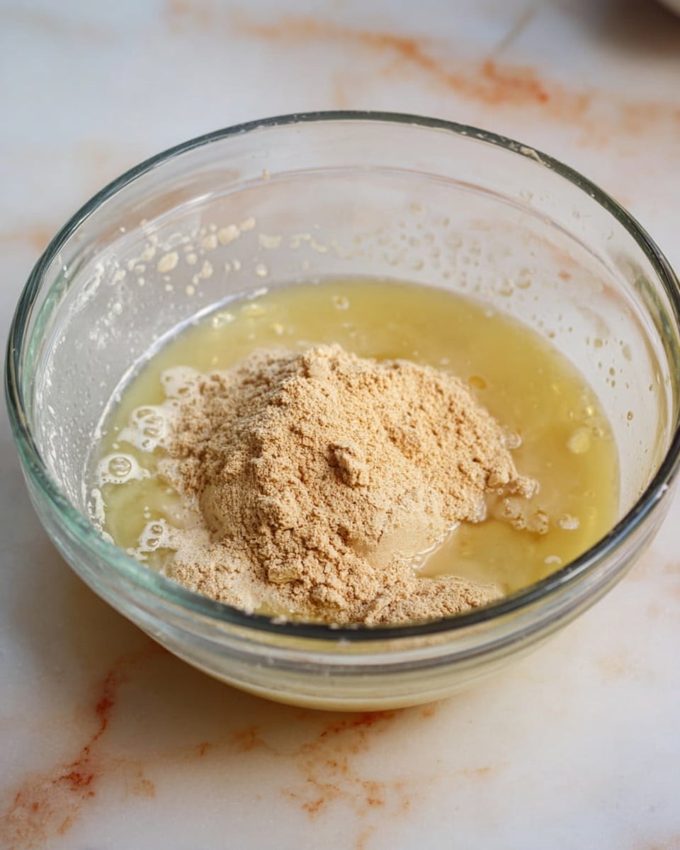 A clear glass bowl on a white marbled surface holds a mixture with two main layers: a wet, light yellow liquid at the bottom and a mound of dry, light brown powder sitting on top. The powder is slightly clumped, and some bubbles or small droplets are visible on the surface of the liquid around the powder. The bowl is transparent, allowing you to see the simple texture of the two distinct layers inside. Photo taken with an iphone --ar 4:5 --v 7