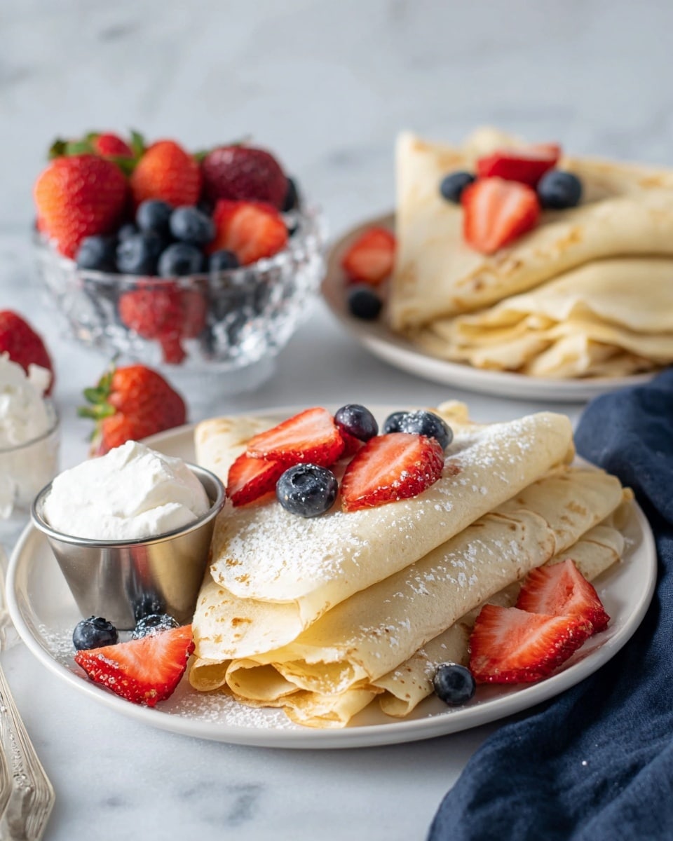 The image shows two white plates with thin, folded crepes arranged in a layered stack of three to four folds each. The crepes have a light golden-brown color with a soft texture. Scattered on and around the crepes are fresh, vibrant red strawberry slices and dark blue blueberries. One plate also has a small metal cup filled with white whipped cream placed near the crepes. In the background, a clear glass bowl holds a mix of strawberries and blueberries, and the setting is on a white marbled surface with a soft, natural light. photo taken with an iphone --ar 4:5 --v 7
