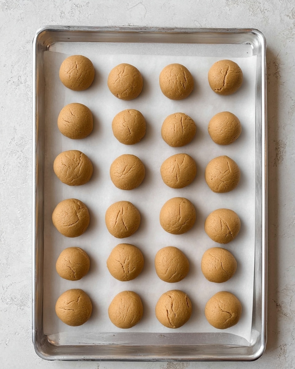 A baking tray lined with white parchment paper holds 20 light brown dough balls evenly spaced in a 4 by 5 grid. Each dough ball has a smooth texture with slight cracks on the surface, giving a soft and dense look. The tray has a metallic silver color, and the background is a white marbled texture. photo taken with an iphone --ar 4:5 --v 7