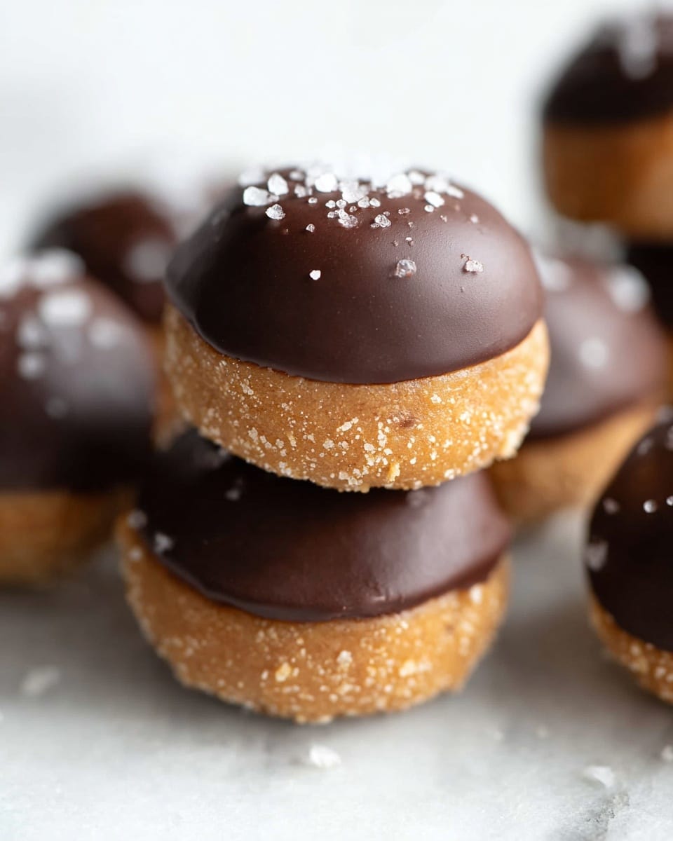 The image shows a close-up of round treats with two layers: the bottom half is dark brown smooth chocolate coating, and the top half is light brown, crumbly textured cookie dough sprinkled with small flakes of white sea salt. The treats are stacked together against a soft white background. The surface underneath the treats is white with a marble texture. The focus is sharp on the top treat, showing the contrast between the rough cookie dough and shiny chocolate. photo taken with an iphone --ar 4:5 --v 7