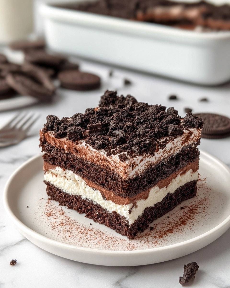 A square piece of chocolate cake is shown on a white plate, placed on a white marbled surface. The cake has three layers: the bottom and middle layers are dark chocolate sponge with a soft texture, and the two cream layers in between and on top are light and white. The top layer is covered with crushed chocolate cookies, giving it a rough, crumbly look, and there is a light dusting of cocoa powder on the surface. In the background, there is a blurred white baking tray filled with more cake and some whole and broken chocolate cookies scattered around. Photo taken with an iphone --ar 4:5 --v 7