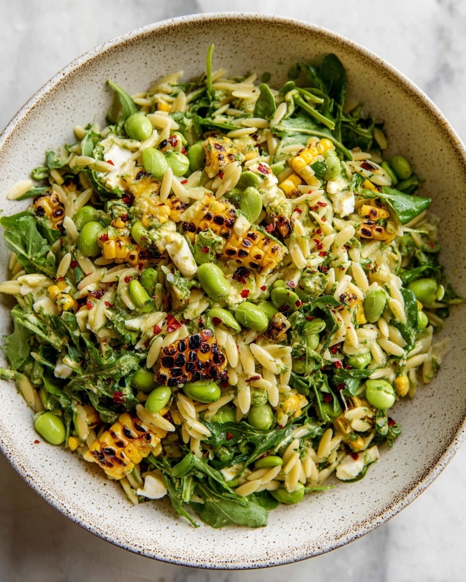 The dish is a close-up view of a mixed salad in a white bowl with a speckled rim, placed on a white marbled surface. The salad has three main layers: the base layer consists of light yellow orzo pasta pieces with a smooth texture spread evenly throughout; the middle layer features bright green arugula leaves and fresh edamame beans, adding vibrant color and leafy texture; the top layer includes small charred corn chunks with a golden yellow and blackened surface, scattered all over. Small white cheese slices and red chili flakes are sprinkled lightly on the whole salad, giving accents of creaminess and spice while the mixed herbs and dressing add a shiny, slightly oily finish. Photo taken with an iphone --ar 4:5 --v 7