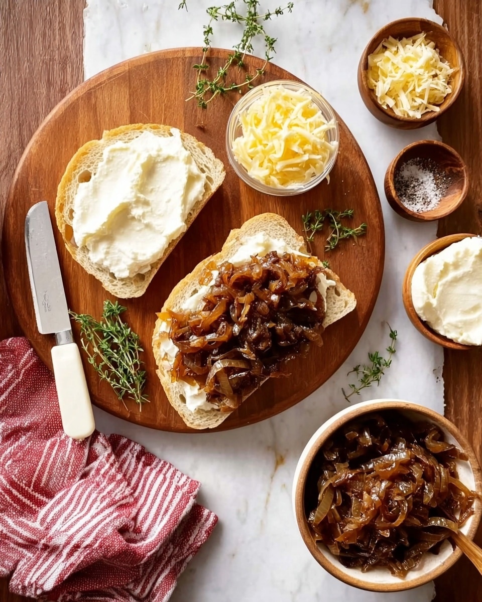 The image shows a round wooden board on a white marbled surface with two pieces of bread: one spread with a creamy white layer, and the other topped with a thick layer of caramelized onions that are dark brown and glossy. Around the board, there are small white bowls containing shredded pale yellow cheese, a creamy white spread, and fresh green thyme. Two small wooden bowls hold coarse salt and ground black pepper. A white-handled butter knife rests on the board near the bread. Below the board, there is a bowl filled with more caramelized onions and a spoon. A red and white striped cloth is partially visible on the side. Photo taken with an iphone --ar 4:5 --v 7