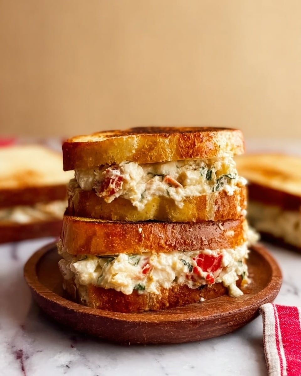 The image shows a stack of two grilled sandwiches placed on a small round wooden plate on a white marbled surface. Each sandwich has three visible layers: the top and bottom layers are golden brown toasted bread with a slightly crispy texture, while the middle layers are filled with a creamy mixture containing white cheese, green herbs, and small pieces of tomato. Some melted cheese and tomato pieces oozed slightly between the bread, adding a gooey look to the filling. The background is plain beige, with blurred slices of bread in the distance, and a red and white cloth partially visible at the bottom right corner. photo taken with an iphone --ar 4:5 --v 7