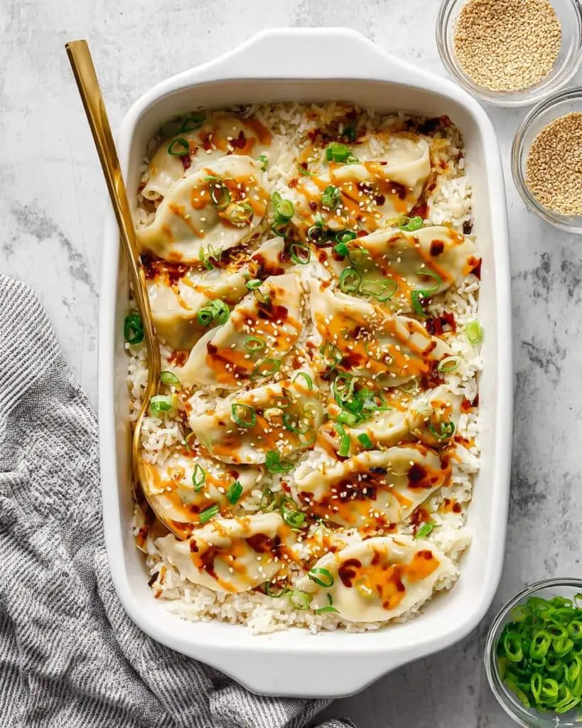 One-Pan Viral Dumpling Bake with Rice Recipe