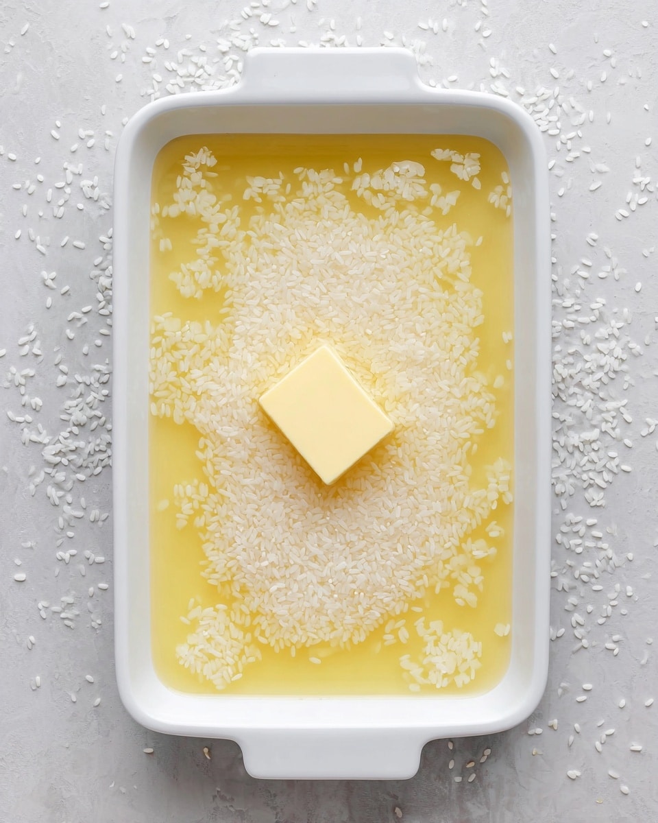 A top view of a white rectangular baking dish filled with a light yellow liquid layer, with scattered white rice grains floating on the surface. Near the center, there is a small square piece of pale yellow butter sitting on top of the liquid. The dish is set on a white marbled surface. photo taken with an iphone --ar 4:5 --v 7