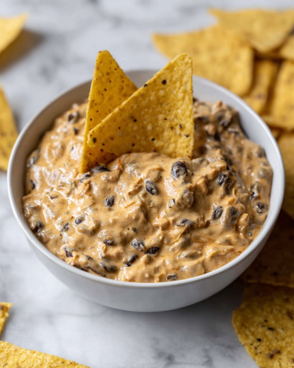 A white bowl filled with creamy, thick dip that has a light brown color with visible black beans and small chunks mixed throughout. Three triangular yellow tortilla chips are partially dipped and standing upright in the dip, showing a slightly rough texture with small dark spots. The bowl is placed on a white marbled surface, and some tortilla chips are scattered around it. The photo is taken close-up, focusing on the texture of the dip and chips, showing a rich and inviting snack. photo taken with an iphone --ar 4:5 --v 7