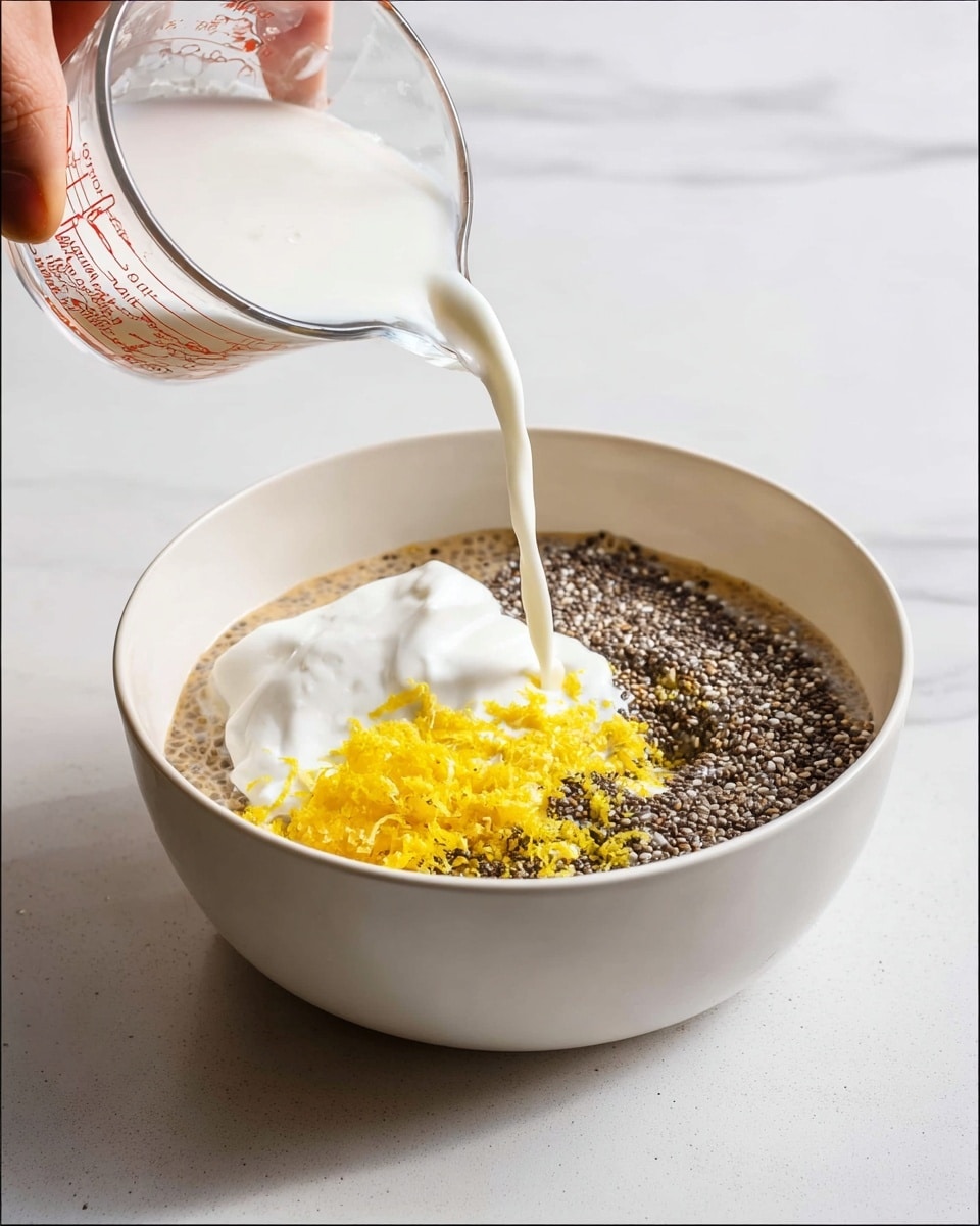 A white bowl sits on a white marbled surface, filled with a base layer of light brown liquid. On top, there are scattered black chia seeds forming a textured layer. A dollop of white creamy yogurt lies partially in the center, topped by bright yellow lemon zest, creating a rough, vibrant layer. A woman's hand holds a clear glass measuring cup pouring a thin stream of white liquid over the ingredients, blending softly at the center. The scene is simple with soft natural light. photo taken with an iphone --ar 4:5 --v 7
