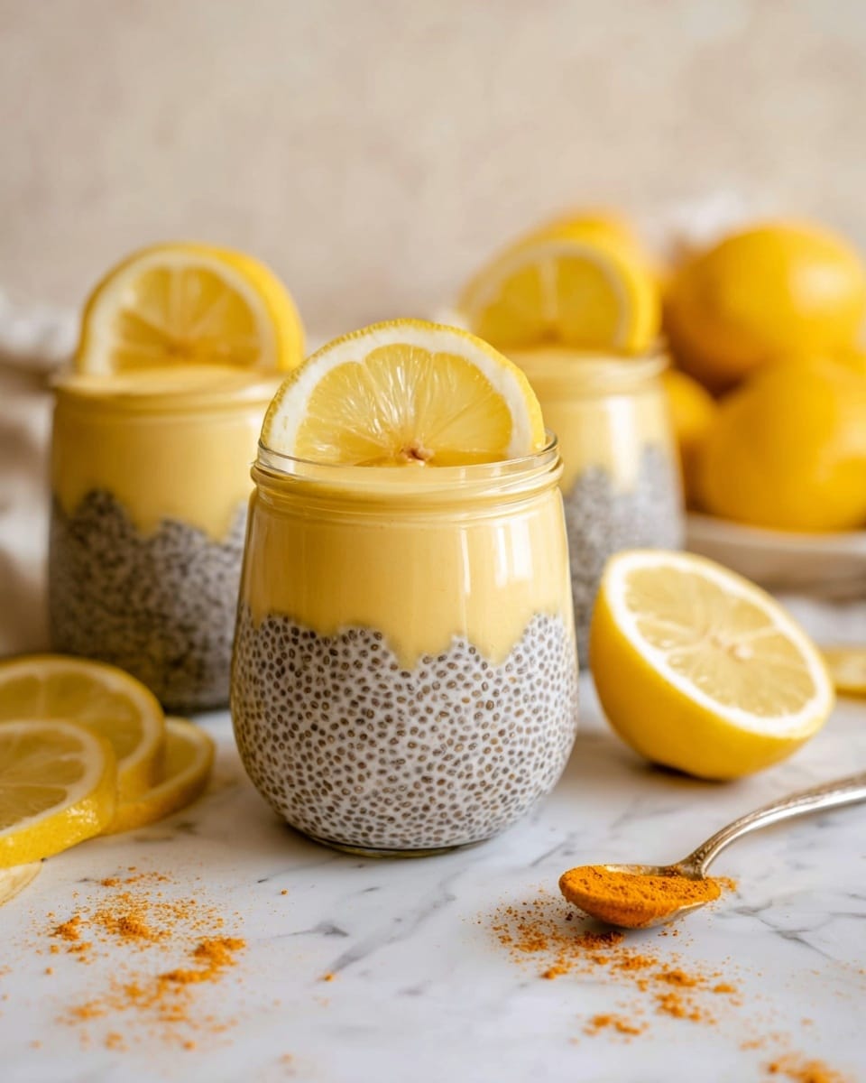 Three glass jars each have two layers and sit on a white marbled surface. The bottom layer is pale with many small black chia seeds, giving it a speckled texture. The top layer is smooth and creamy, a light yellow color that looks soft and thick. Each jar is topped with a thin lemon slice placed vertically on the creamy layer. Around the jars, there are several lemon slices and whole lemons in the background, adding bright yellow color. A spoon on the surface shows some orange-colored powder scattered nearby. The photo is taken with an iphone --ar 4:5 --v 7