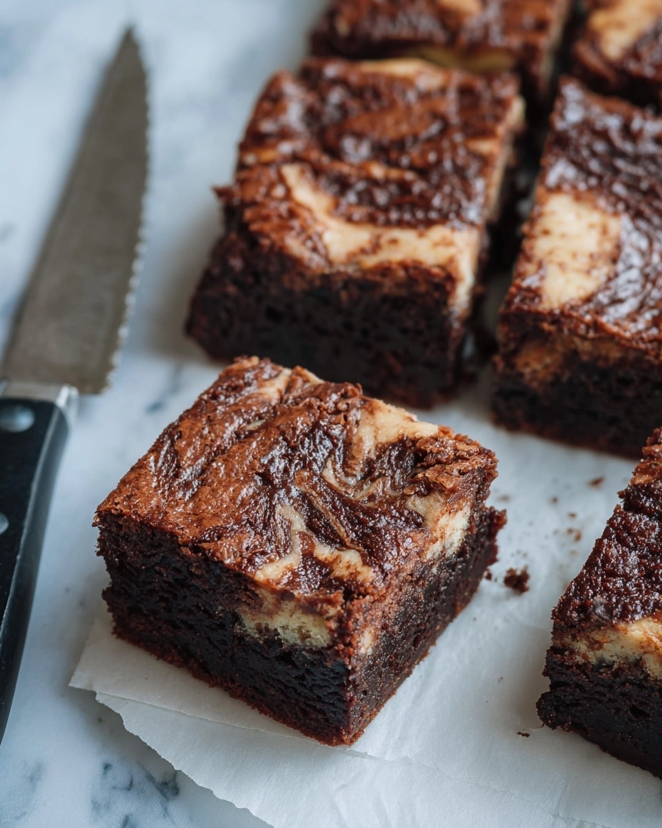 A close-up view of brownies with two layers: a dark, rich chocolate bottom layer and a lighter, creamy marbled top layer with swirls of chocolate. The brownies are cut into square pieces placed on white parchment paper over a white marbled surface. A knife with a black handle is placed nearby in the background. photo taken with an iphone --ar 4:5 --v 7