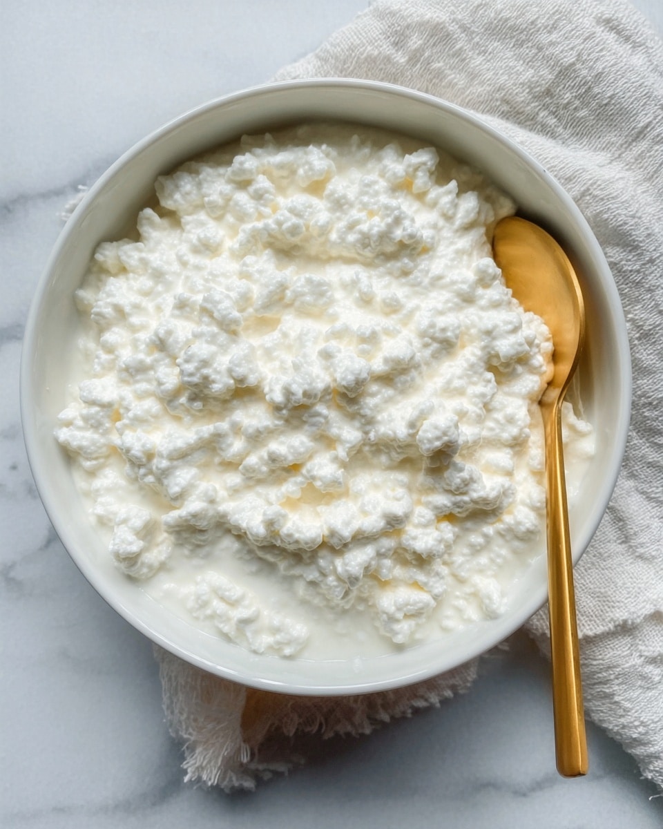 A white bowl filled with chunky, creamy cottage cheese, showing its thick and slightly grainy texture. Inside the bowl, on the right side, there is a golden spoon resting gently on the surface of the cottage cheese. The bowl is placed on a white marbled surface. photo taken with an iphone --ar 4:5 --v 7