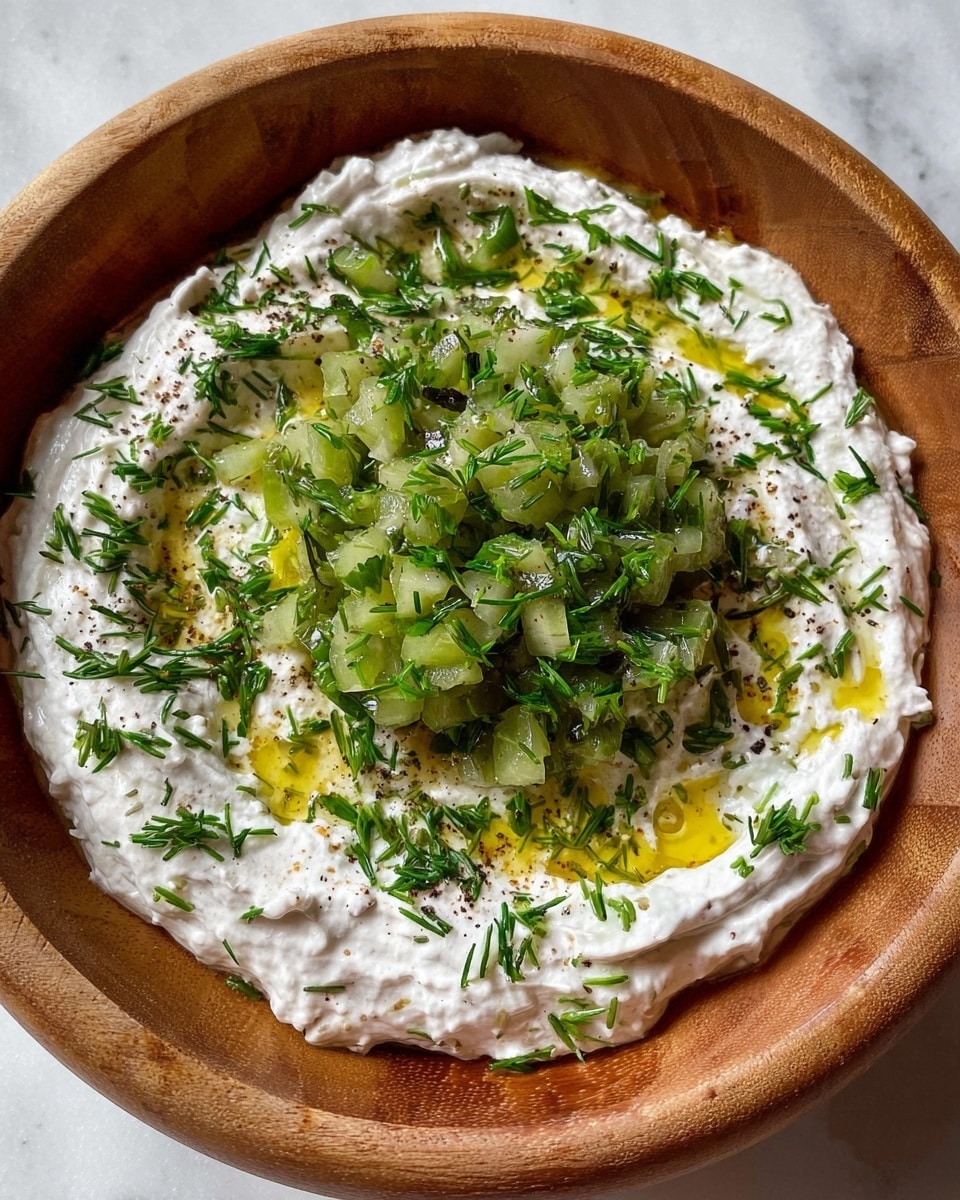 A wooden bowl holds a creamy white dip spread thick on the bottom layer with a slightly rough texture. On top, there is a generous pile of chopped green pickles mainly placed in the center. The dip is sprinkled with bright green chopped chives and dill, scattered evenly across the surface. A drizzle of golden olive oil shines on the dip, adding a small contrast of color. A few specks of black pepper are spread across the top. The bowl sits on a white marbled surface. photo taken with an iphone --ar 4:5 --v 7
