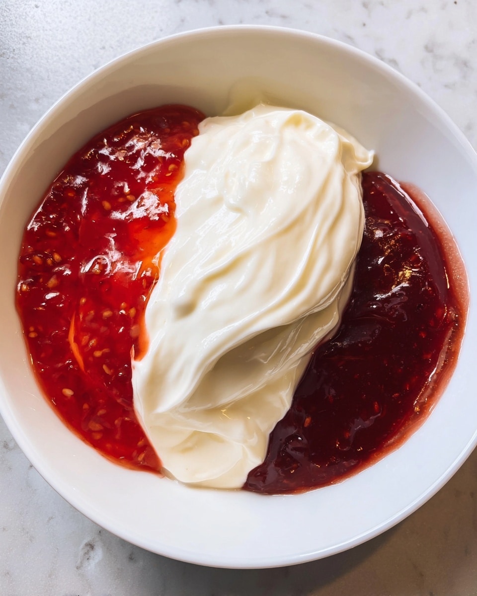 A white bowl holds three distinct layers of creamy textures and colors, arranged side by side. On the left, a shiny, semi-transparent red layer with small visible fruit pieces looks like thick jam. In the middle and slightly overlapping the jam is a smooth, pure white mound of thick cream with soft folds and subtle gloss. On the bottom right, a darker, glossy red layer with a denser texture appears like concentrated fruit puree. The bowl is placed on a white marbled surface with light reflections, and the image is focused closely to show texture details. photo taken with an iphone --ar 4:5 --v 7