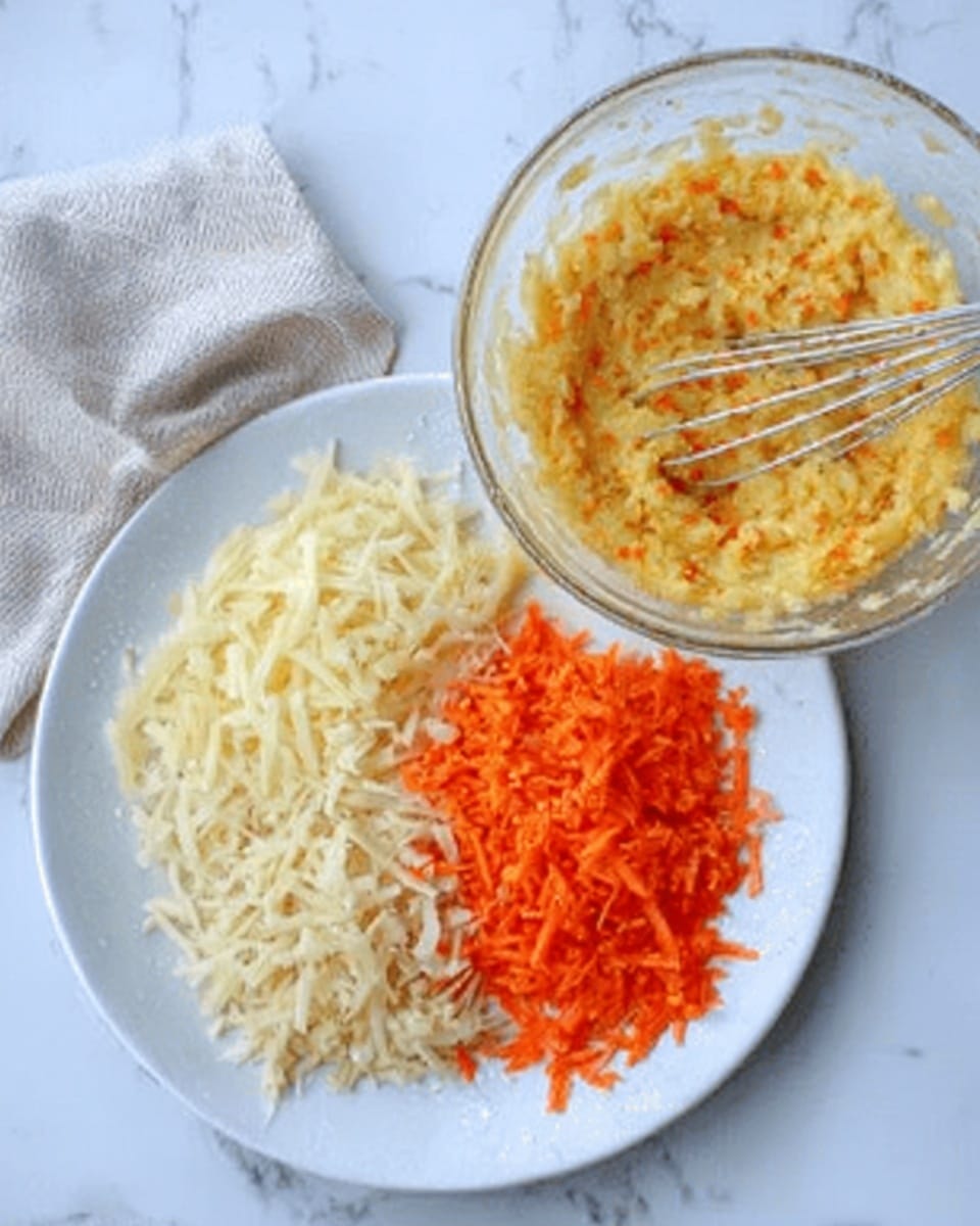 The image shows a white plate divided into three sections of shredded ingredients: pale yellow shredded potatoes on the left, a small pile of bright orange shredded carrots on the right, and a mix of shredded potato and carrot in the middle. To the right is a clear glass bowl filled with a thick, mashed yellow mixture with a silver whisk resting inside. The scene is set on a white marbled surface with a light-colored cloth partially visible at the top left corner. photo taken with an iphone --ar 4:5 --v 7