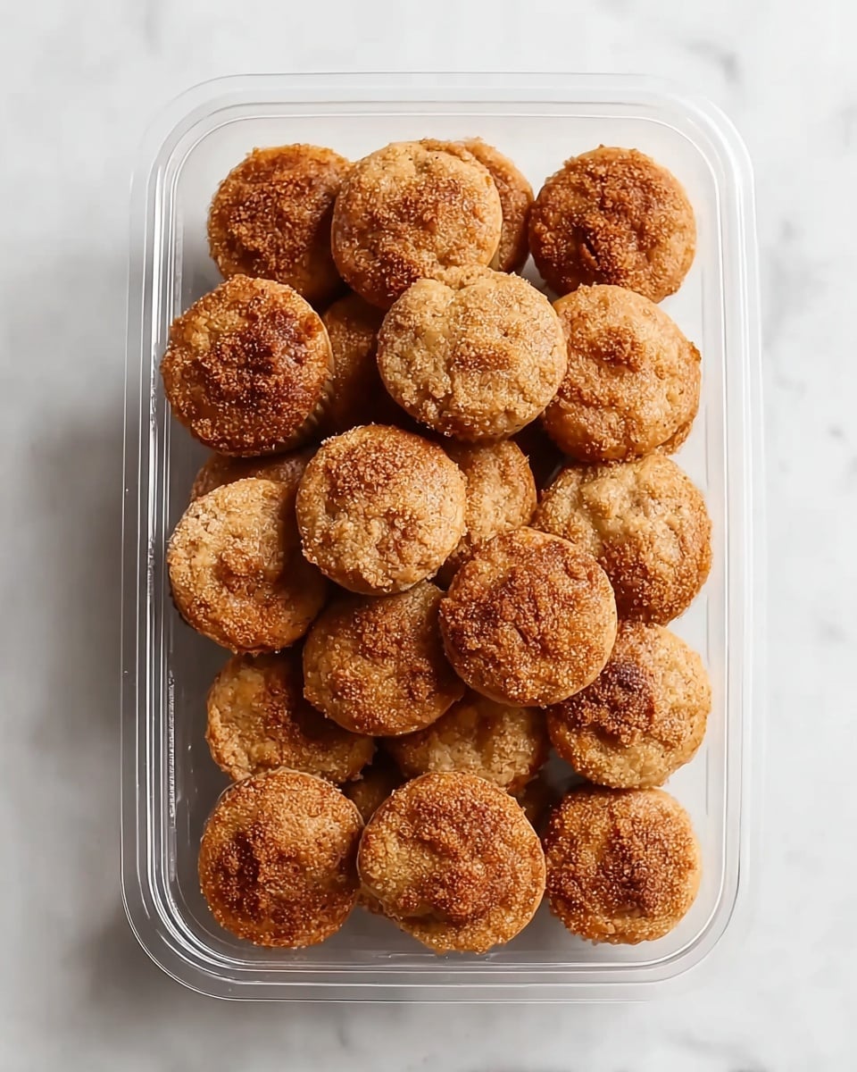 The image shows a clear plastic container filled with two layers of small round muffins. The muffins have a golden brown color with a slightly rough and crumbly texture on top, suggesting a crunchy surface. Each muffin is tightly packed next to each other, creating a uniform arrangement. The container is placed on a white marbled surface, adding a clean and fresh look to the scene. The photo is taken from above, highlighting the round shapes and the texture of the muffins. photo taken with an iphone --ar 4:5 --v 7