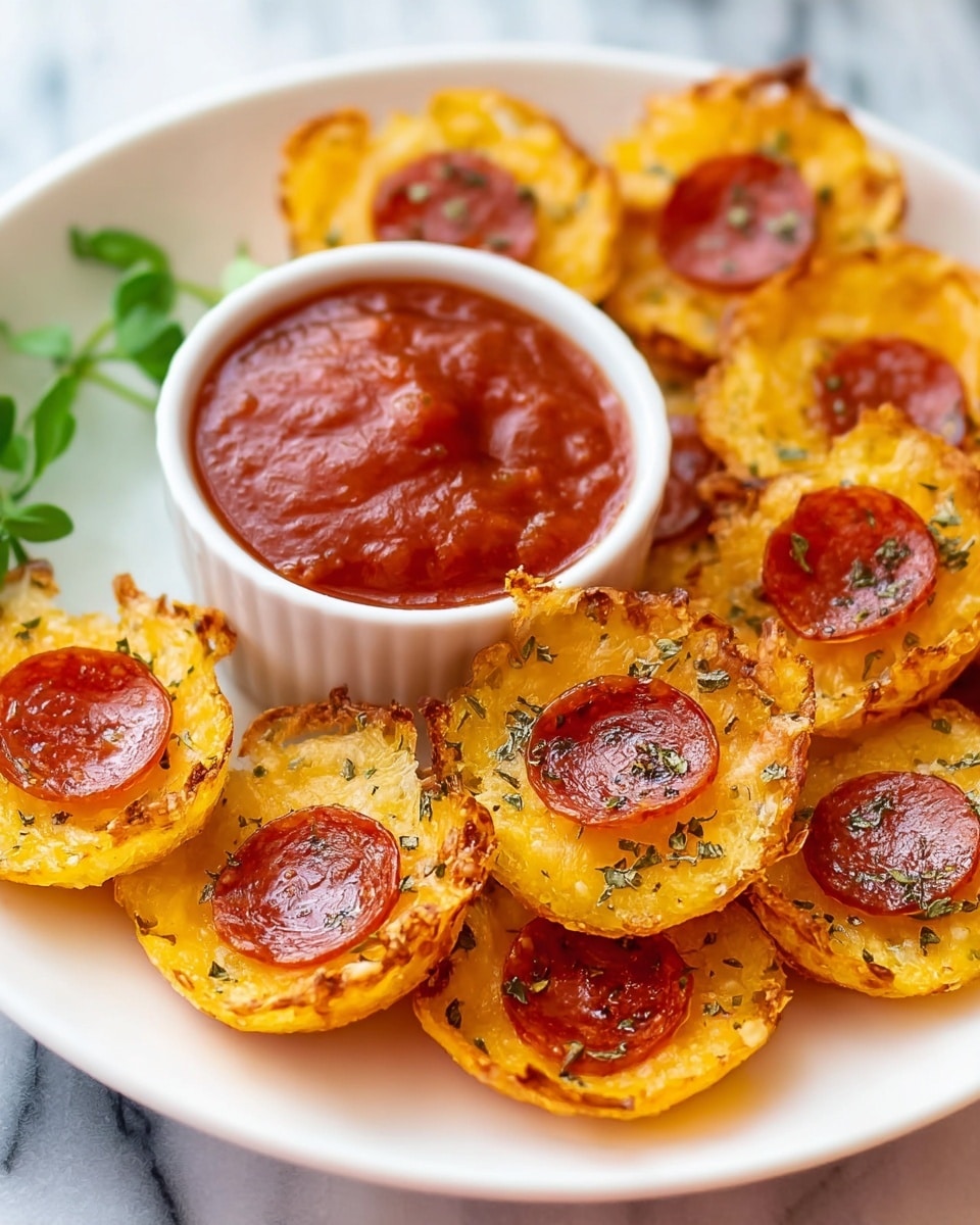 The image shows a white plate filled with small, round, crispy pizza bites arranged in a rough circle. Each bite has a golden-yellow crispy cheese base with several tiny round pepperoni slices on top, some sprinkled with herbs. In the center of the plate, there is a white ramekin filled with thick, red marinara sauce. The plate sits on a white marbled surface, and a green herb garnish peeks from the left side behind the plate. The pizza bites appear crunchy and golden, inviting and neatly arranged. Photo taken with an iphone --ar 4:5 --v 7