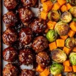 Korean BBQ Meatballs with Roasted Sweet Potatoes and Brussels Sprouts Recipe