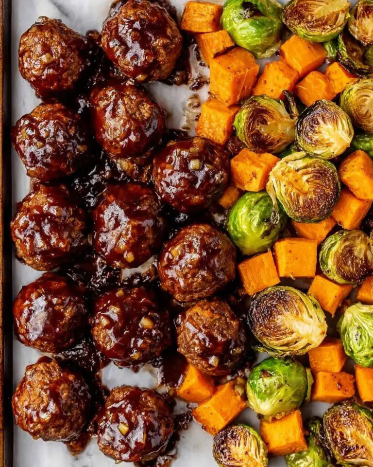 Korean BBQ Meatballs with Roasted Sweet Potatoes and Brussels Sprouts Recipe