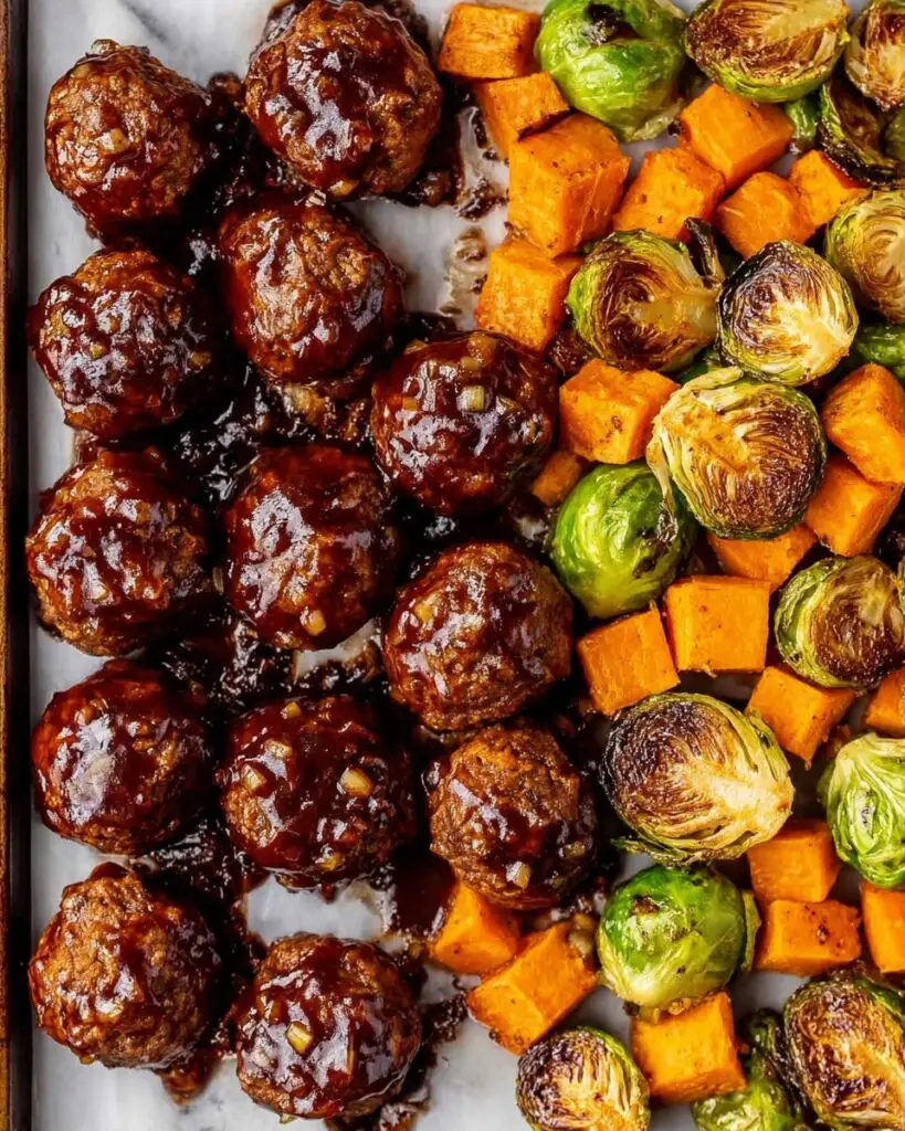 Korean BBQ Meatballs with Roasted Sweet Potatoes and Brussels Sprouts Recipe
