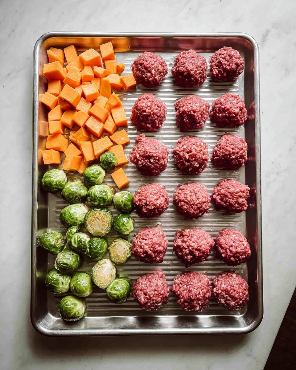 A metal baking tray sits on a white marbled surface, filled with two main layers. At the top half, there are small, rough-textured cubes of orange sweet potatoes mixed with bright green round Brussels sprouts, some showing a bit of browning. The bottom half of the tray holds three rows of raw meatballs, fifteen in total, all evenly sized with a coarse texture and a deep red color, placed in neat lines. The tray has ridges that run lengthwise beneath the items. photo taken with an iphone --ar 4:5 --v 7