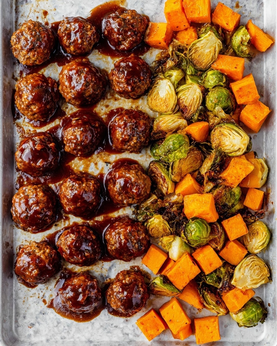 The image shows a tray with two main parts: on the left, there are about sixteen round meatballs covered in a shiny dark brown sauce, looking juicy and textured with small bits of ingredients visible in the glaze; on the right, there are brightly colored roasted vegetables, including golden-brown Brussels sprouts and vibrant orange cubes of sweet potatoes, all with a slightly charred, crispy surface. The tray has a light gray color with some sauce spots around the edges. The background is a white marbled texture. photo taken with an iphone --ar 4:5 --v 7