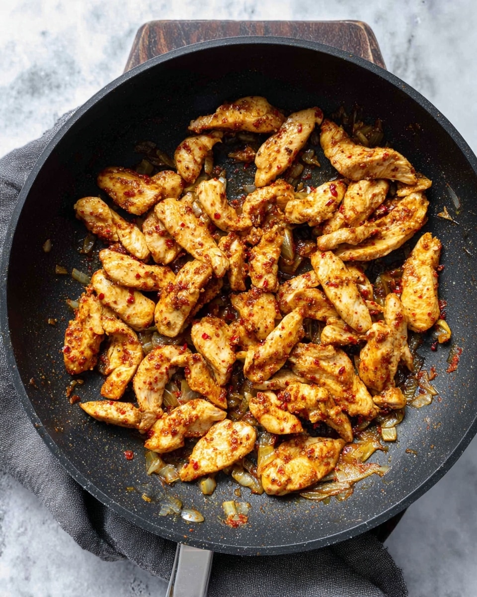 The image shows a close-up of a black frying pan filled with many strips of cooked chicken that are golden brown with a slightly reddish spice coating. The chicken pieces are scattered and mixed with small bits of caramelized onions around them. The pan sits on a white marbled surface with part of a dark wooden board and a grey cloth visible near the pan's handle. The lighting highlights the textures of the cooked chicken and onions clearly, showing a lightly crispy outside and tender inside. Photo taken with an iphone --ar 4:5 --v 7