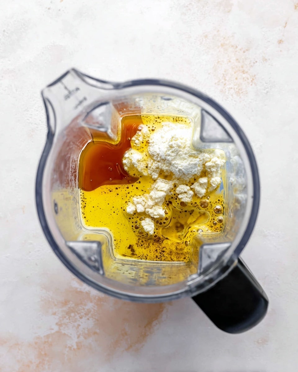 The image shows a clear blender container sitting on a white marbled surface, filled with several ingredients before blending. Inside, there are visible layers including a bright golden liquid with a smooth texture, a cluster of small white lumps on the top right, a yellowish liquid layer surrounding the lumps, and a darker amber syrup pooling on the left side. Small bubbles float near the center, adding texture variance. The blender container’s edges are clear with visible measurement markings, and the black lid base is on the bottom right side of the frame. photo taken with an iphone --ar 4:5 --v 7