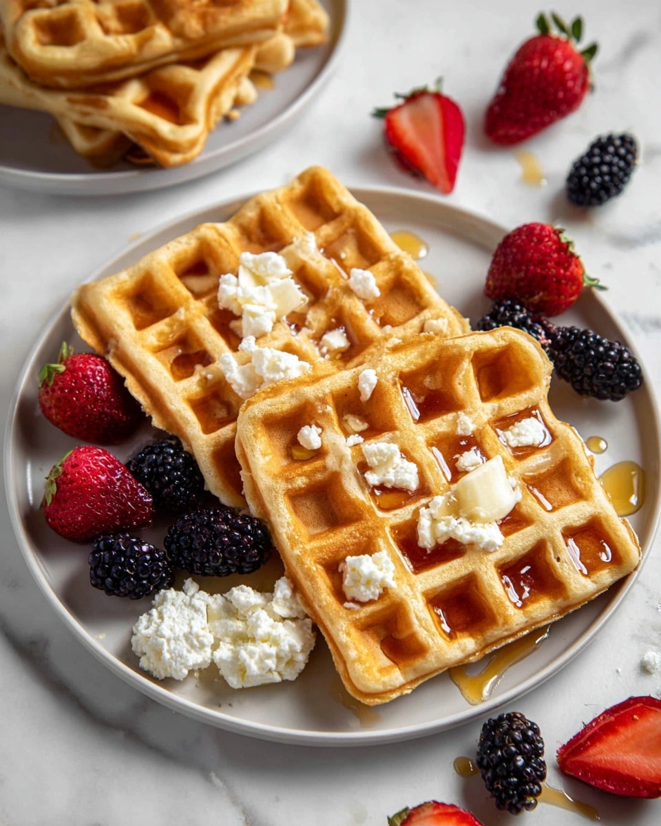Two golden brown waffles with a crispy texture sit on a white plate, each waffle layer showing deep square pockets filled with syrup and small dollops of butter melting on top. Around the waffles, there are fresh blackberries and sliced strawberries adding dark purple and bright red colors to the plate. A small pile of white cottage cheese is placed next to the fruit, enhancing the freshness of the dish. The plate is set on a white marbled surface with some extra waffles and scattered berries nearby. Photo taken with an iphone --ar 4:5 --v 7