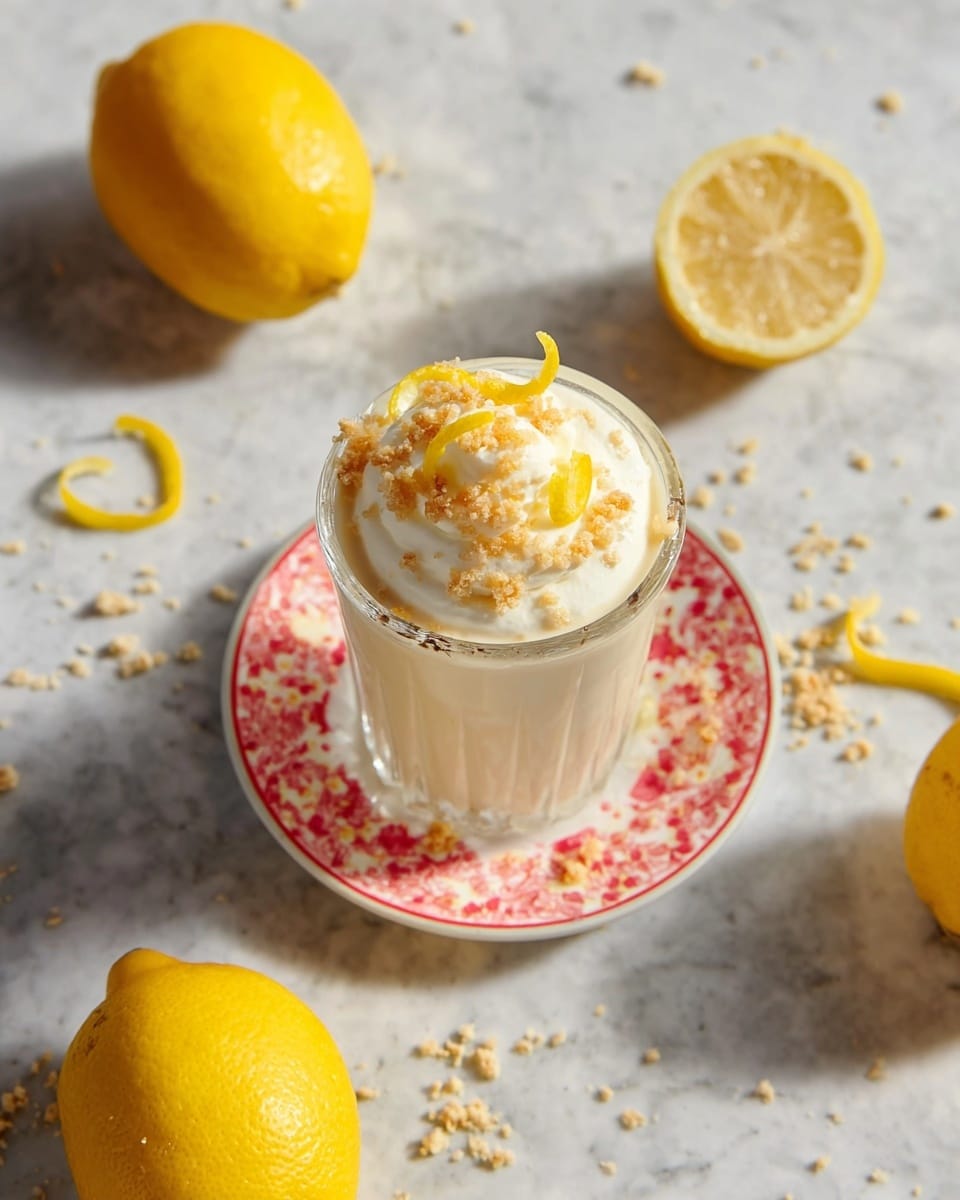 A glass filled with a creamy light beige drink topped with a swirl of white whipped cream, two small bright yellow lemon peels curled on top, and light golden crumbly bits scattered over the cream. The glass sits on a white plate with a pink and red floral pattern around the edge. Around the plate, there are two whole bright yellow lemons, one half lemon with a white rind strip, and a couple of lemon peel curls on a white marbled background, along with some scattered crumbs. Photo taken with an iphone --ar 4:5 --v 7