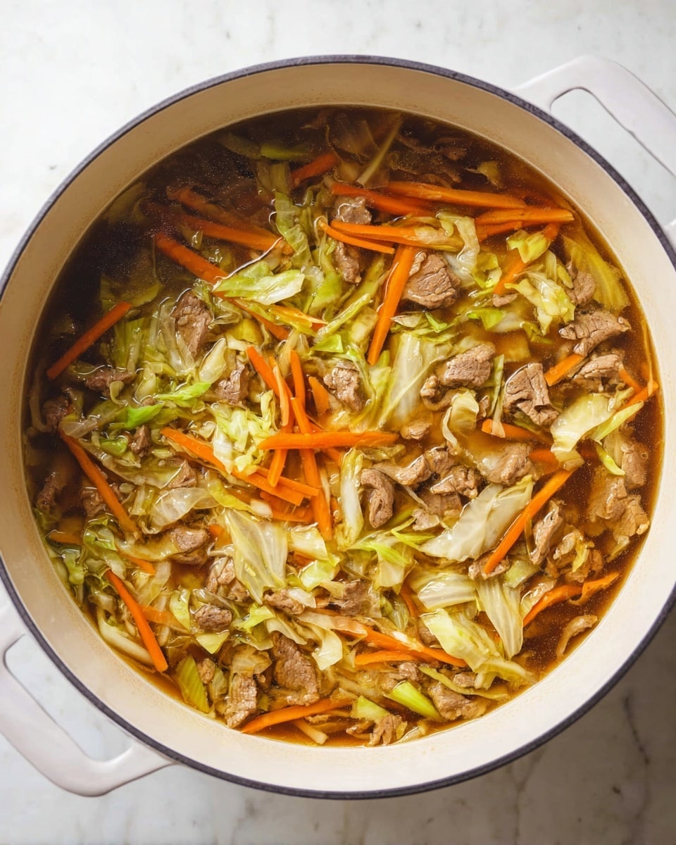 A large white pot filled with a clear brown broth that holds several small, light brown meat pieces spread evenly throughout. On top, there are thin strips of light green cabbage and bright orange carrot sticks, all floating gently. The vegetables appear fresh and slightly soft, contrasting with the textured, cooked meat in the soup. The pot sits on a white marbled surface, and the image is bright with natural light, showing the mix of warm and fresh colors inside the pot. Photo taken with an iphone --ar 4:5 --v 7