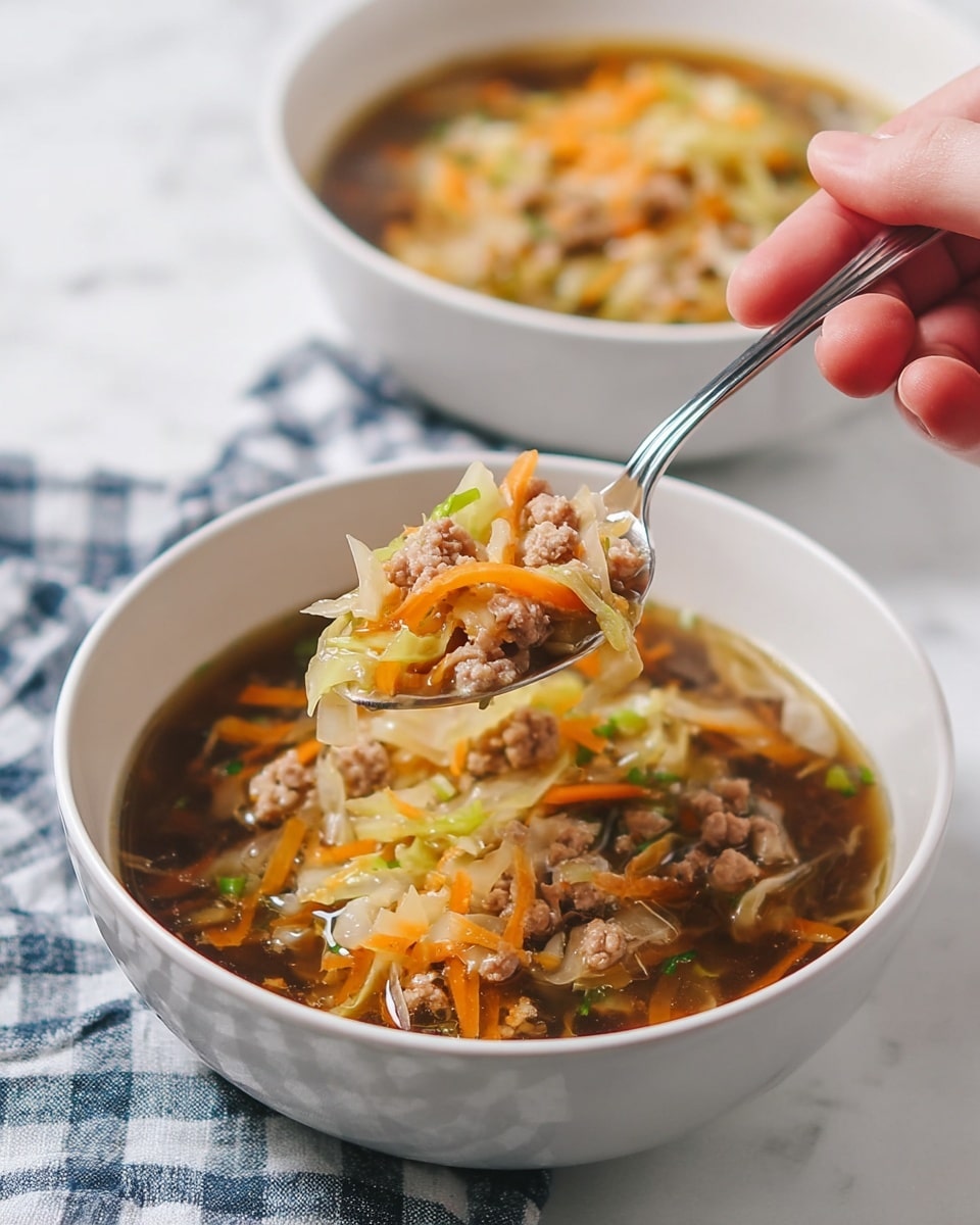 The image shows a white bowl filled with a clear brown broth soup containing several layers of ingredients. The top layer has light brown small ground meat chunks mixed with thin, long orange carrot strips and light green shredded cabbage. The broth underneath looks translucent and dark brown, surrounding the solid ingredients. In the background, there is a second bowl with the same soup, placed on a blue and white checkered cloth on a white marbled surface. A woman's hand holds a spoon lifting a bite of the soup with a mix of ground meat, carrot, and cabbage above the bowl. Photo taken with an iphone --ar 4:5 --v 7