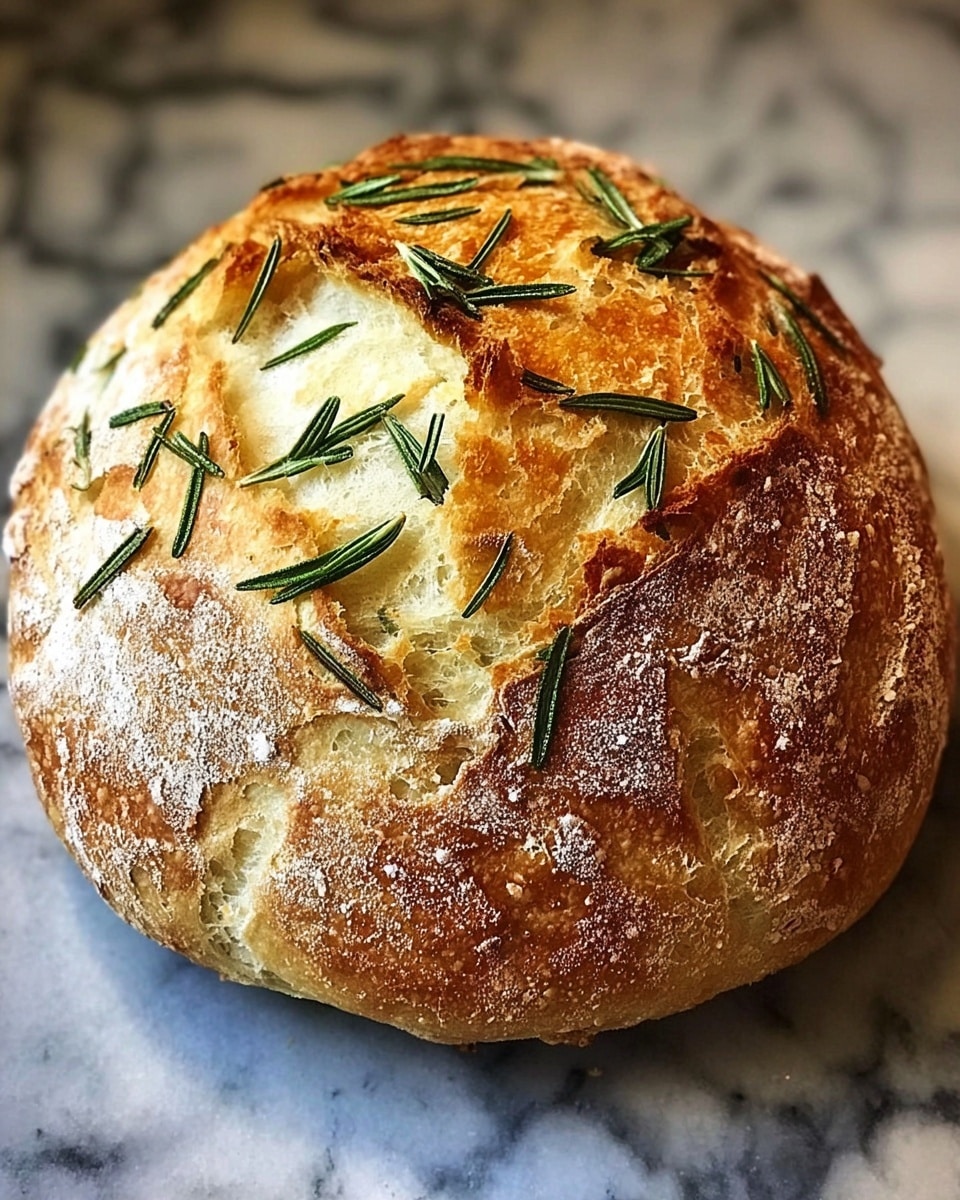 A round loaf of bread with a golden-brown crust and a rustic, cracked surface showing soft, airy white bread inside, topped with fresh green rosemary leaves scattered unevenly on top. The crust has a lightly dusted flour texture and darker toasted spots, giving it a homemade look against a white marbled surface. photo taken with an iphone --ar 4:5 --v 7