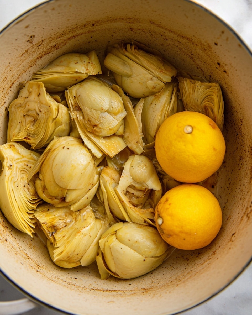 This image shows a close-up of a pot filled with several soft yellowish artichoke hearts spread evenly across the bottom and a little piled on top of each other, with light seasoning visible on them. Two whole bright yellow lemons sit on the right side of the artichokes, adding a pop of color. The pot’s interior is light cream with some browned spots, showing signs of cooking. The surface under the pot is a white marbled texture. photo taken with an iphone --ar 4:5 --v 7